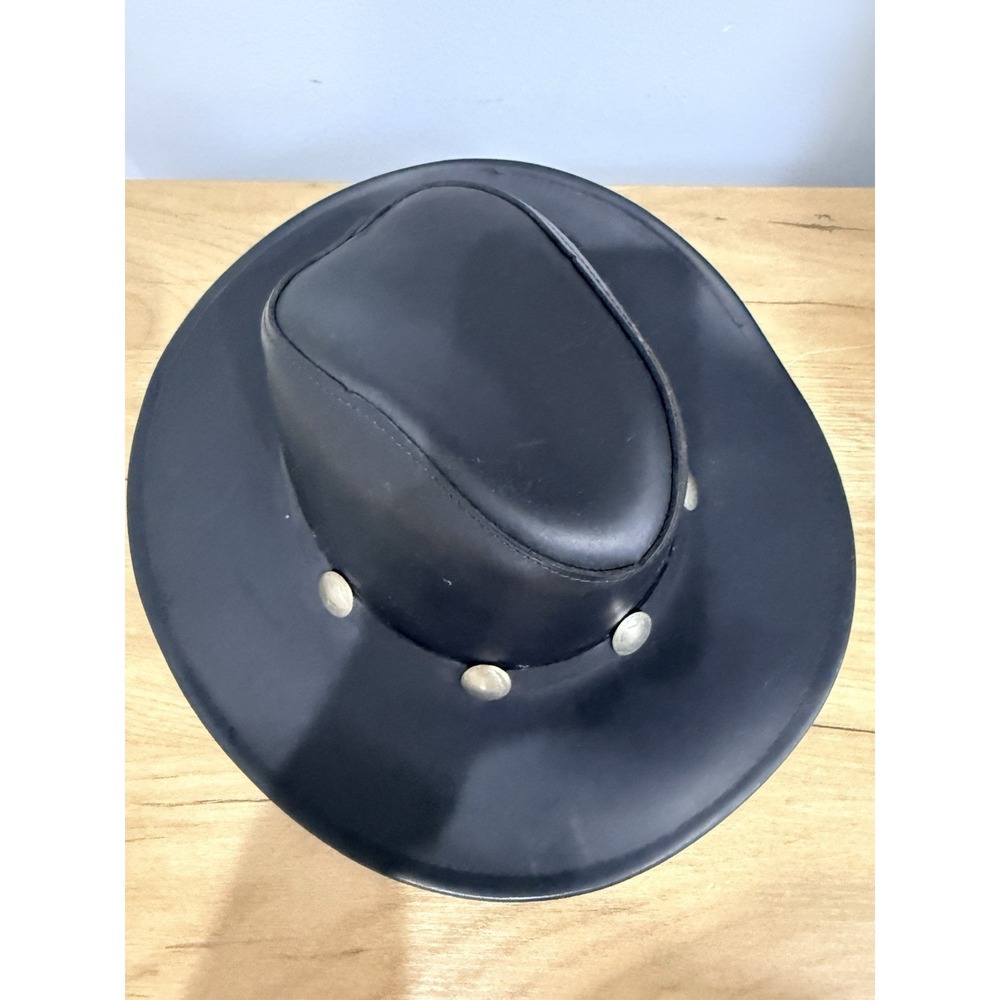 HENSCHEL HAT CO USA Black‎ LEATHER COWBOY HAT Western Rodeo Sun Wide Brim MEDIUM - Picture 3 of 7